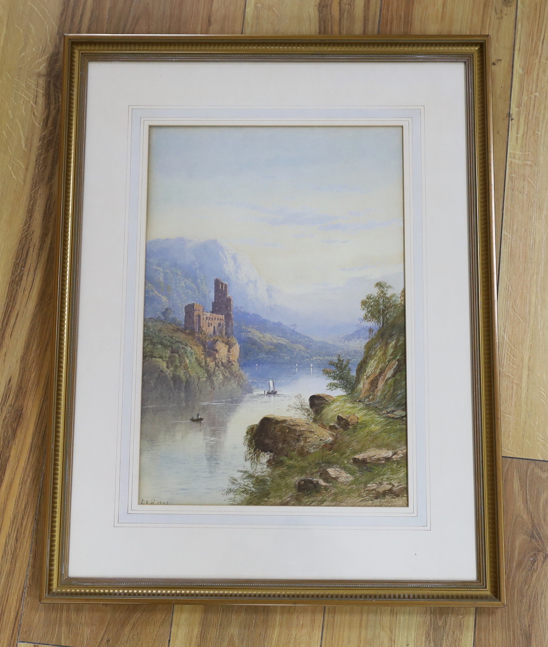 E.L. Raymond (British, mid 19th century), watercolour, Alpine mountainous lake scene, signed, monogrammed and dated 1843, 28.5 x 25cm